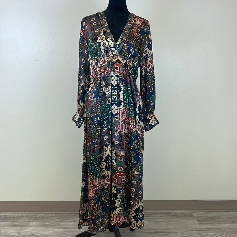 Zara Green and Brown Wrap Gown with Bishop Sleeves